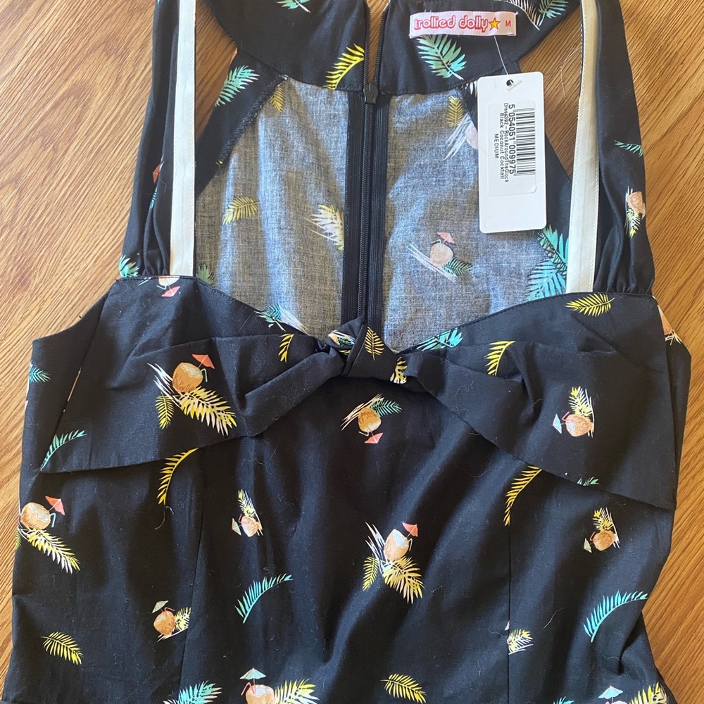 Trollied Dolly Black Dress with Tropical Print